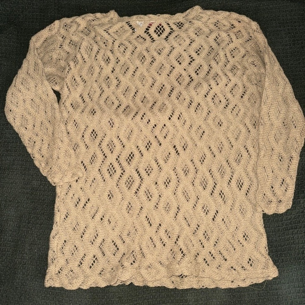 True American Classics Vintage Tan Open Knit Diamond Crochet Sweater - Picture 2 of 3